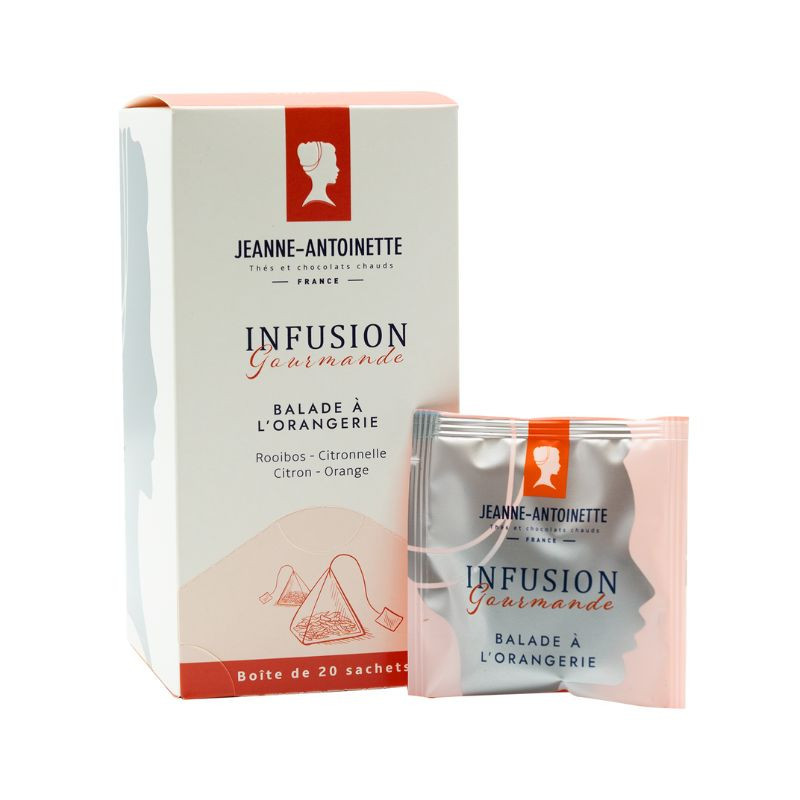 Boîte distributrice + Sachet individuel d'infusion Rooibos Balade à l'Orangerie Jeanne-Antoinette Boîte distributrice + Sachet individuel d'infusion Rooibos Balade à l'Orangerie Jeanne-Antoinette